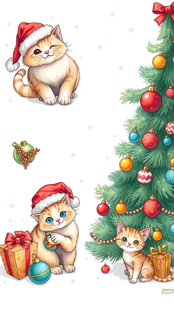 Charming Christmas-themed drawings of cats, including a cat in a Santa hat and a kitten by a Christmas tree.